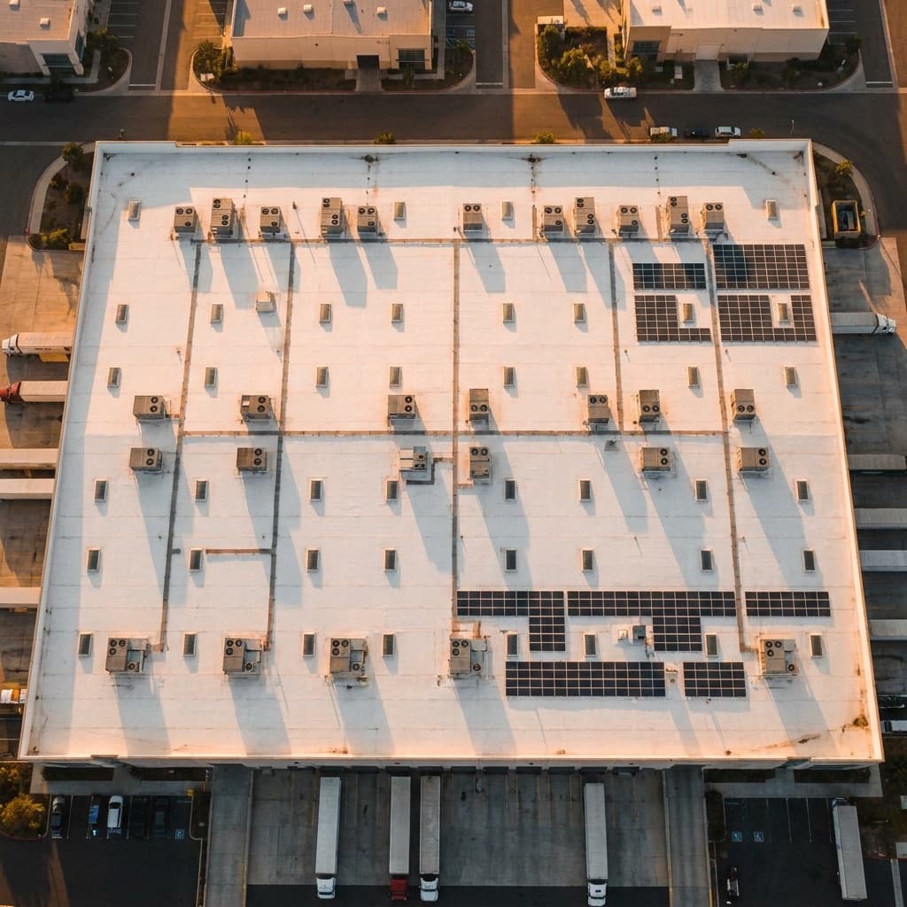 Aerial view looking straight down at a flat commercial warehouse roof