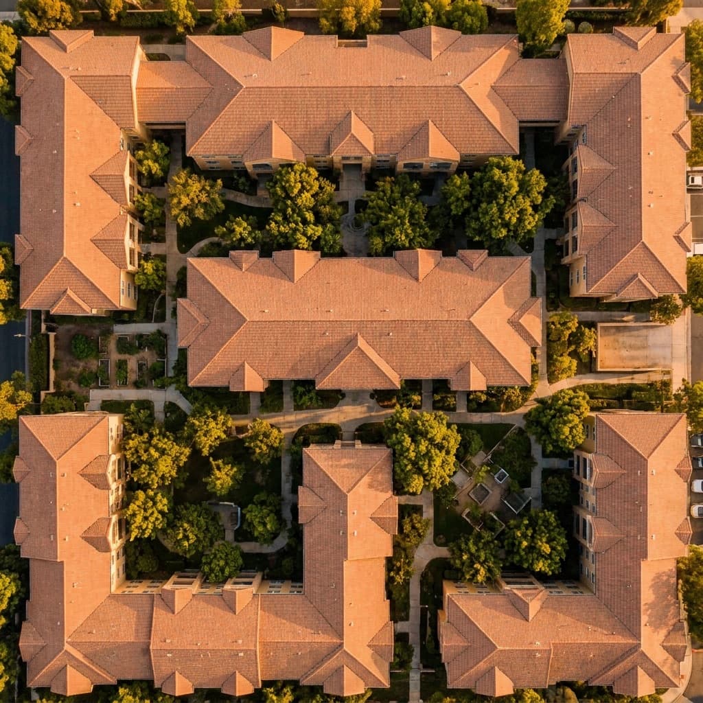 Aerial view of a multi-family apartment complex with courtyards