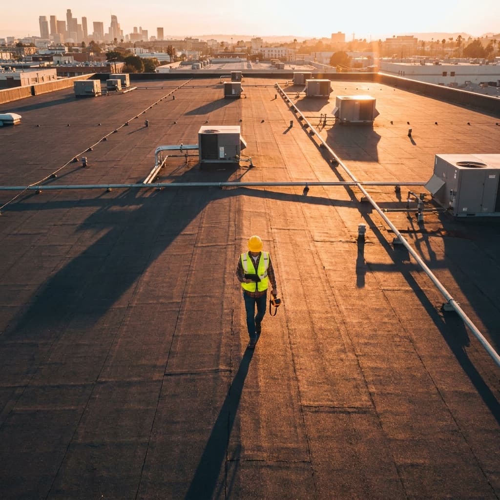 A roofing inspector walking a commercial roof at golden hour