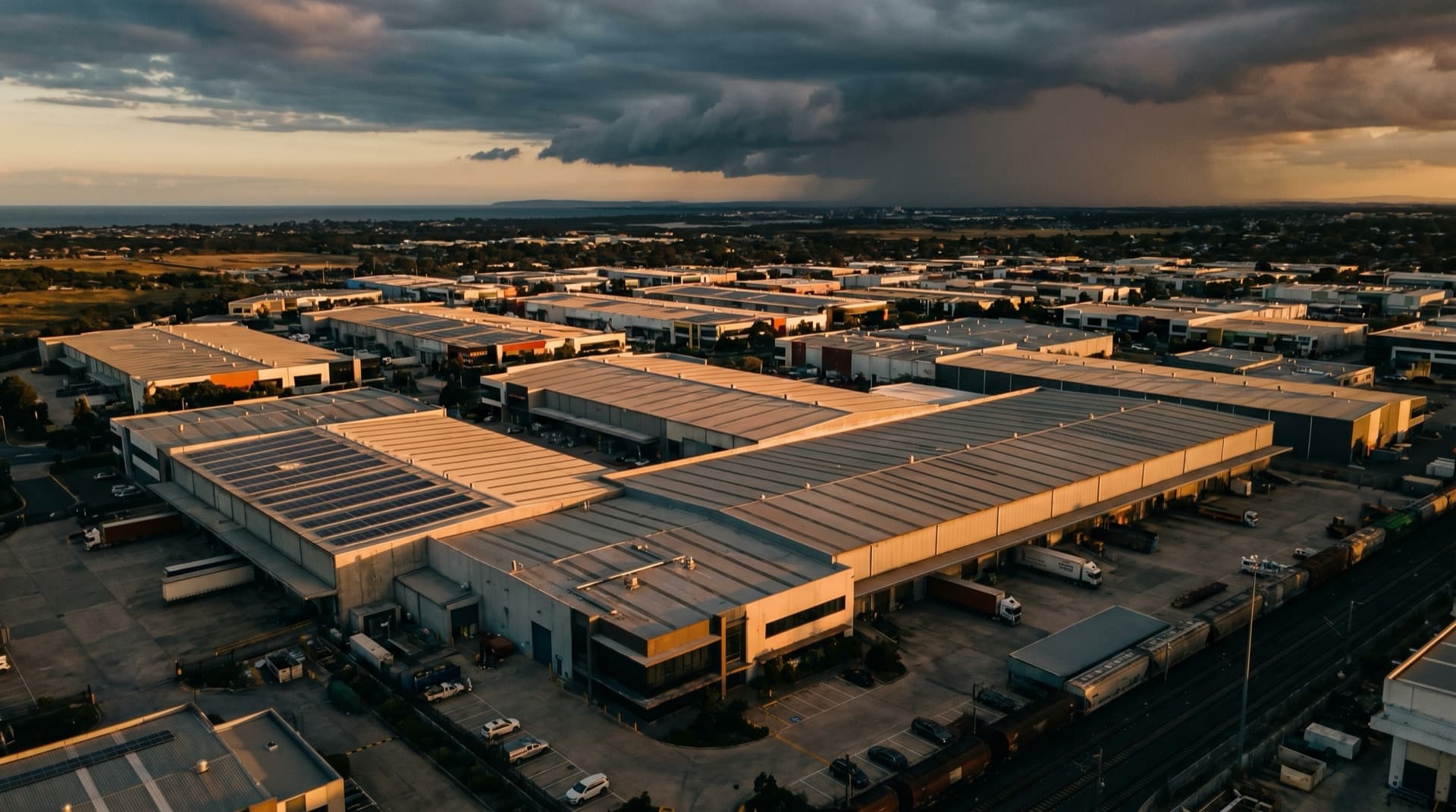 Aerial view of a commercial property district with a storm front gathering on the horizon at golden hour