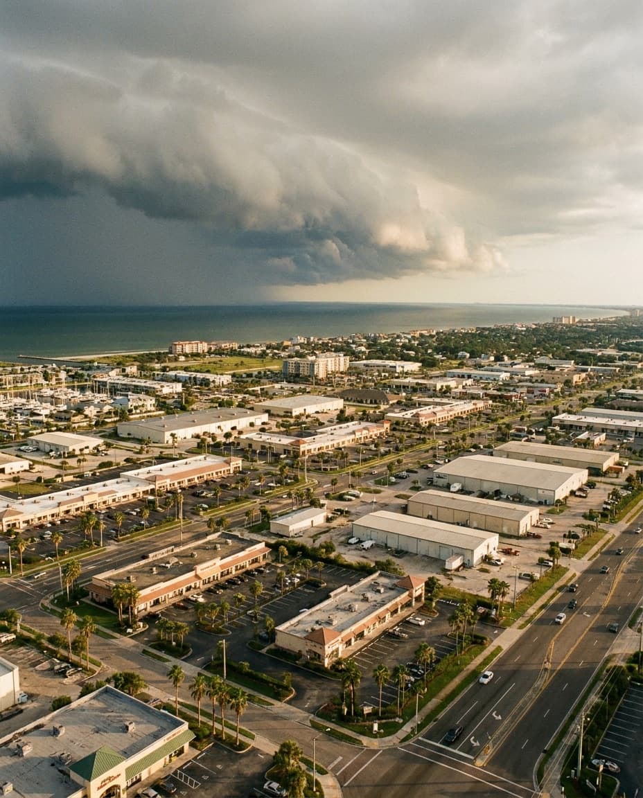 Aerial view of a Gulf Coast commercial district with a weather front rolling in from the sea